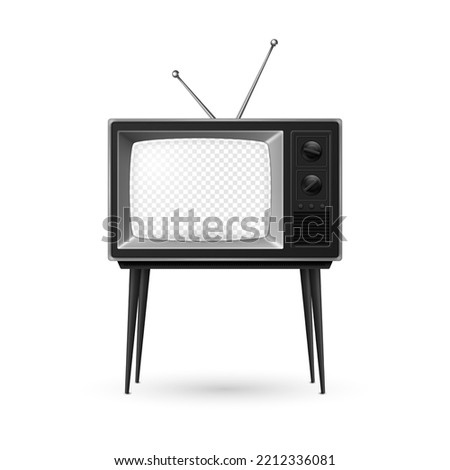 Vector 3d Realistic Retro TV Receiver with Transparent Screen and Antenna Isolated on White Background. Home Interior Design Concept. Vintage TV Set, Television, Front View