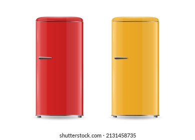 Vector 3d Realistic Retro Vintage Red, Yellow Fridge Icon Set Isolated. Vertical Refrigerators. Closed Fridges. Design Template, Mockup of Fridge. Front View