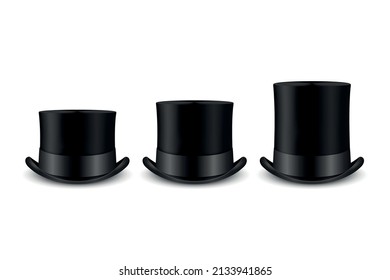 Vector 3d Realistic Retro, Vintage Black Top Hat Icon Set Closeup Isolated on White. Design Template of Top Hat, Mockup. Gentlemans Hat Icon. Top Hats in Front View