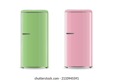 Vector 3d Realistic Retro Vintage Green, Pink Fridge Icon Set Isolated. Vertical Refrigerators. Closed Fridges. Design Template, Mockup of Fridge. Front View