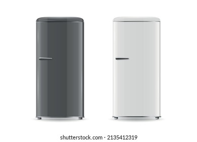 Vector 3d Realistic Retro Vintage Black and White Fridge Icon Set Isolated. Vertical Refrigerators. Closed Fridges. Design Template, Mockup of Fridge. Front View