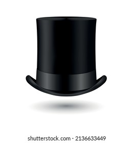 Vector 3d Realistic Retro, Vintage Black Top Hat Icon Closeup Isolated on White. Design Template of Top Hat, Mockup. Gentlemans Hat Icon. Top Hats in Front View