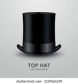 Vector 3d Realistic Retro, Vintage Black Top Hat Icon Closeup Isolated on White Background. Design Template of Top Hat, Mockup. Gentlemans Hat Icon. Top Hat in Front View