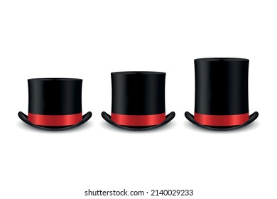 Vector 3d Realistic Retro, Vintage Black and Red Top Hat Icon Set Closeup Isolated on White. Design Template of Top Hat, Mockup. Gentlemans Hat Icon. Top Hats in Front View