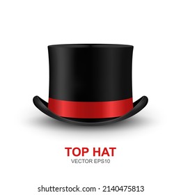 Vector 3d Realistic Retro, Vintage Black Top Hat with Red Ribbon Icon Closeup Isolated on White Background. Design Template of Top Hat, Mockup. Gentlemans Hat Icon. Top Hat in Front View