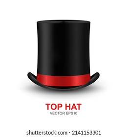 Vector 3d Realistic Retro, Vintage Black Top Hat with Red Ribbon Icon Closeup Isolated on White Background. Design Template of Top Hat, Mockup. Gentlemans Hat Icon. Top Hat in Front View