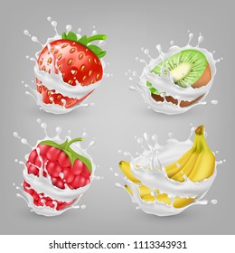 Vector 3d realistic ripe berries and fruits in splashing milk. Sweet raspberry, strawberry with splashes, drops isolated on grey background. Mock up, template for package design or promo, ad poster