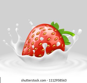Vector 3d realistic ripe strawberry in splashing milk. Sweet food with spatter, drops in white liquid on gray background. Natural summer fruit. Mock up, template for package design or ad poster