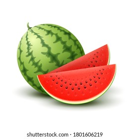 Vector 3D Realistisches Ripe Watermelon Symbol. Früchte, frisch und saftig, ganz und in Scheiben geschnitten