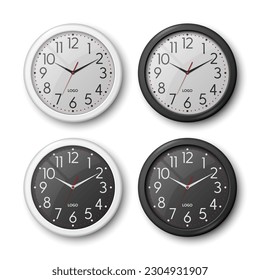 Vector 3d Realistic Round Black, White Color Wall Office Clock with Black, White Clock Dial Set Closeup Isolated. Watches, Design Template, Mock-up for Branding, Advertise. Front View