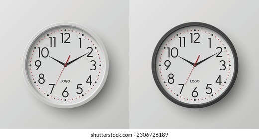 Vector 3d Realista Ronda Negro, Blanco Color del reloj de la oficina de la pared con el reloj de cierre de reloj blanco aislado. Relojes, plantilla de diseño, maqueta para promoción de marca, publicidad. Vista frontal