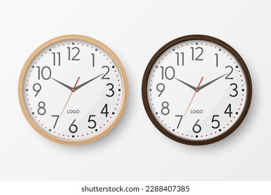 Vector 3d Realistic Round Brown Wooden Textured Wall Office Clock Icon Set Closeup Isolated on White Background. Wooden Watches, Design Template, Mock-up for Branding, Advertise. Front View