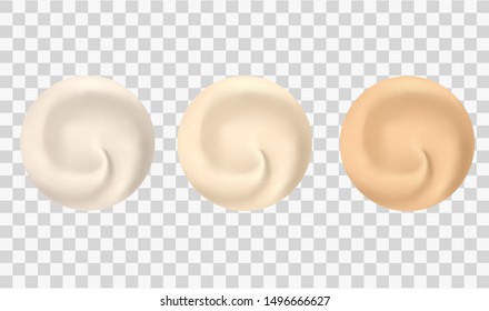 Vector 3d realistic round drops of makeup. Women's liquid bb cream, concealer, body lotion on transparent background. Beige cosmetics skincare set. Three curl and vortex creamy texture. Top view.eps10