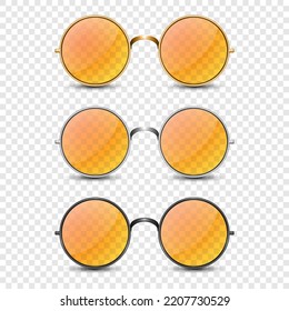 Vector 3d Realistic Round Frame Glasses Set with Orange Glass isolated, Transparent Sunglasses for Women and Men, Accessory. Optics, Lens, Vintage, Trendy Glasses. Front View