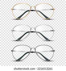 Vector 3d Realistic Round Frame Glasses Set with Colorless Clear Transparent Glass isolated, Transparent Sunglasses for Women and Men, Accessory. Optics, Lens, Vintage, Trendy Glasses. Front View