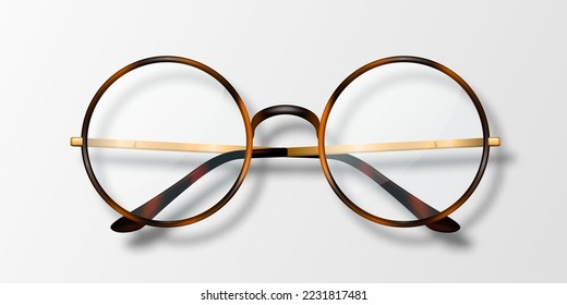 Icono de lentes redondos realistas 3d vectorial aislado. Marco leopardo. Gafas de sol transparentes para mujeres y hombres, accesorio. Óptica, lente, vintage, lentes de moda. Vista superior