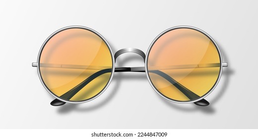 Vector 3d Realistic Round Frame Glasses Icon Isolated. Gray Silver Steel Chrome Frame. Transparent Orange Sunglasses for Women and Men, Accessory. Optics, Lens, Vintage, Trendy Glasses. Top View