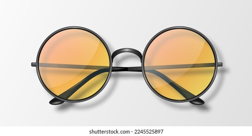 Vector 3d Realistic Round Frame Glasses Icon Isolated. Black Frame. Transparent Orange Sunglasses for Women and Men, Accessory. Optics, Lens, Vintage, Trendy Glasses. Top View