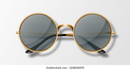 Icono de lentes redondos realistas 3d vectorial aislado. Marco de metal amarillo de color dorado. Gafas de sol negras transparentes para mujeres y hombres, accesorio. Óptica, lente, vintage, lentes de moda. Vista superior