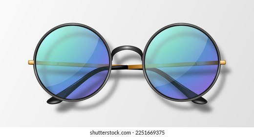 Vector 3d Realistic Round Frame Glasses Icon Isolated. Black Frame. Transparent Purple Sunglasses for Women and Men, Accessory. Optics, Lens, Vintage, Trendy Glasses. Top View