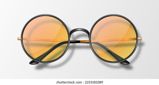 Vector 3d Realistic Round Frame Glasses Icon Isolated. Black Frame. Transparent Orange Sunglasses for Women and Men, Accessory. Optics, Lens, Vintage, Trendy Glasses. Top View