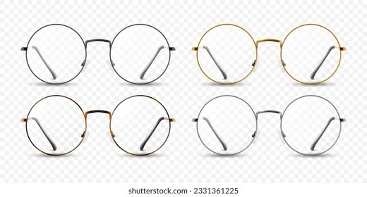 Vector 3d Realistic Round Frame Brillen Icon Set. Farblose, transparente Sonnenbrille für Frauen und Männer, Zubehör. Optik, Linsen, Vintage, trendige Brille. Vorderseite, Draufsicht