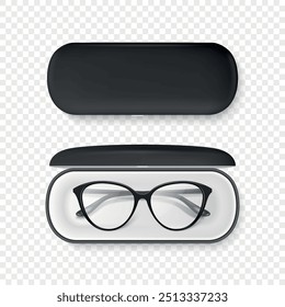 Vector 3D Realistic Round Frame Glasses and Case Set. Black Sunglasses and Closed Case. Vintage Eyeglasses and Case, Top View. Design Template for Optics and Eyewear Branding