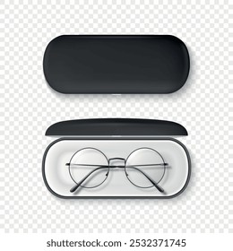 Vector 3D Realistic Round Frame Glasses and Case Set. Black Sunglasses and Closed Case. Vintage Eyeglasses and Case, Top View. Design Template for Optics and Eyewear Branding