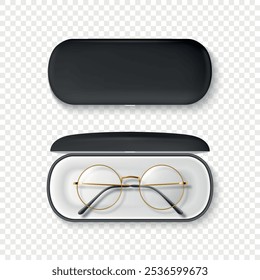 Vector 3D Realistic Round Frame Glasses and Case Set. Black Sunglasses and Closed Case. Vintage Eyeglasses and Case, Top View. Design Template for Optics and Eyewear Branding