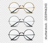 Vector 3d Realistic Round Golden, Silver, Black Frame Glasses Set isolated, Transparent Sunglasses for Women and Men, Accessory. Optics, Lens, Vintage, Trendy Glasses. Front View