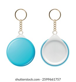 Vector 3d Realistic Round Keychain, Design Template for Printing, Mockup. Round Blank Keychain Design Element for Promo, Souvenir, Prints or Logos. ID Badge Vector Illustration, Front, Back Side View