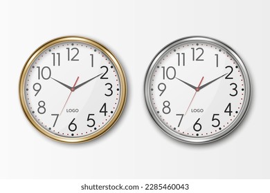 Vector 3d Realistic Round Metal Wall Office Clock with White Dial Icon Set. Gray and Yellow Metal Watches - Silver, Steel, Gold. Design Template, Mock-up for Branding, Advertise. Front View