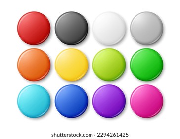 Vector 3d Realistic Round Metal, Plastic Blank Empty Button Badge Icon Set CLoseup Isolated, Front View. Button Pin Badge Collection. Glossy Brooch Pin. Top View. Template for Branding, Mock-up