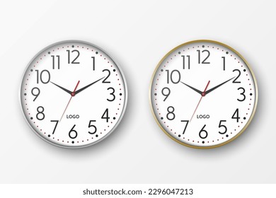 Vector 3d Realistic Round Metal Silver, Golden Color Wall Office Clock Icon Set Closeup Isolated on White Background. Watches, Design Template, Mock-up for Branding, Advertise. Front View