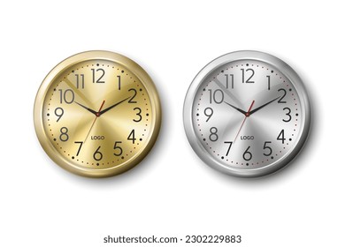 Vector 3d Realistic Round Metal Silver, Golden Color Wall Office Clock Icon Set Closeup Isolated on White Background. Watches, Design Template, Mock-up for Branding, Advertise. Front View