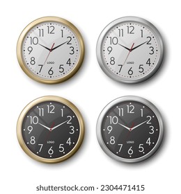 Vector 3d Realistic Round Metal Silver, Golden Color Wall Office Clock Icon Set Closeup Isolated on White Background. Watches, Design Template, Mock-up for Branding, Advertise. Front View