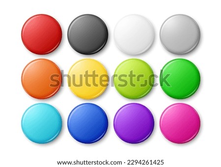 Vector 3d Realistic Round Metal, Plastic Blank Empty Button Badge Icon Set CLoseup Isolated, Front View. Button Pin Badge Collection. Glossy Brooch Pin. Top View. Template for Branding, Mock-up