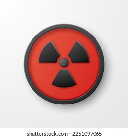 Vector 3d Realistic Round Red and Black Warning, Danger Nuclear Symbol Isolated on White Background. Radioactive Warning Sign, Pin Badge, Button. Design Template. Front, Top View