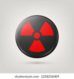 Vector 3d Realistic Round Red and Black Warning, Danger Nuclear Symbol Isolated on White Background. Radioactive Warning Sign, Pin Badge, Button. Design Template. Front View
