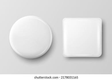 Vector 3d Realistic Round and Square White Metal, Plastic Blank Empty Button Badge Set Isolated - Front View. Button Pin Badge. Glossy Brooch Pin. Top View. Template for Branding, Mock-up