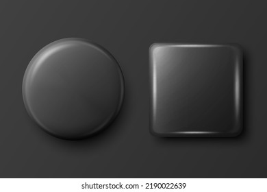 Vector 3d Realistic Round and Square Black Metal, Plastic Blank Empty Button Badge Set Isolated - Front View. Button Pin Badge. Glossy Brooch Pin. Top View. Template for Branding, Mock-up
