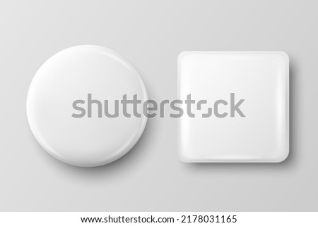 Vector 3d Realistic Round and Square White Metal, Plastic Blank Empty Button Badge Set Isolated - Front View. Button Pin Badge. Glossy Brooch Pin. Top View. Template for Branding, Mock-up Сток-фото © 