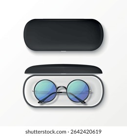 Óculos de sol redondos realistas 3D vetorial com armação de metal e caixa preta dura. Elegante óculos vintage em caso de proteção aberto e fechado. Modelo de Design para Ótica, Moda, Eyewear Branding