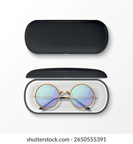 Vector 3d Realistic Round Sunglasses with Gold Metal Frame, Hard Black Case, Isolated. Vintage Eyeglasses in Open and Closed Protective Case. Design Template for Optics, Fashion, Eyewear Branding