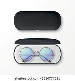 Vector 3d Realistic Round Sunglasses with Metal Frame, Hard Black Case, Isolated. Vintage Eyeglasses in Open and Closed Protective Case. Design Template for Optics, Fashion, Eyewear Branding