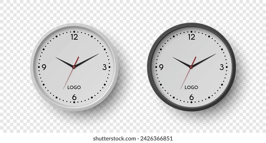 Vector 3d Realistic Round Wall Office Clock Set. White and Black Dial Closeup Isolated. Design Template, Mock-up for Branding, Advertise. Simple Minimalistic Wall Clocks in Front View