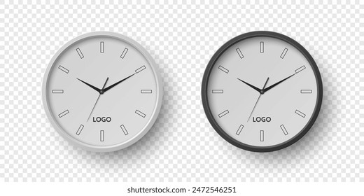 Reloj de oficina de pared redonda realista de Vector 3d. Blanco y Negro Dial Closeup aislado. Plantilla de diseño, maqueta para la marca, publicidad. Relojes de pared minimalistas simples en vista frontal