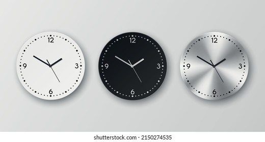 Vector 3d Realista Ronda Blanco, Negro y Plata, Cromado Steel Wall Office Clock Set Aislado. Plantilla de diseño del cierre de la cara del reloj de pared. Burla para promoción de marca y publicidad. Vista frontal