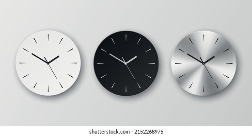 Vector 3d Realistic Round White, Black and Slver or Chrome Steel Wall Office Clock Icon Set Isolated. Design Template of Wall Clock Face Closeup. Mock-up for Branding and Advertise. Front View