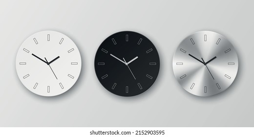 Vector 3d Realistic Round White, Black and Slver or Chrome Steel Wall Office Clock Icon Set Isolated. Design Template of Wall Clock Face Closeup. Mock-up for Branding and Advertise. Front View